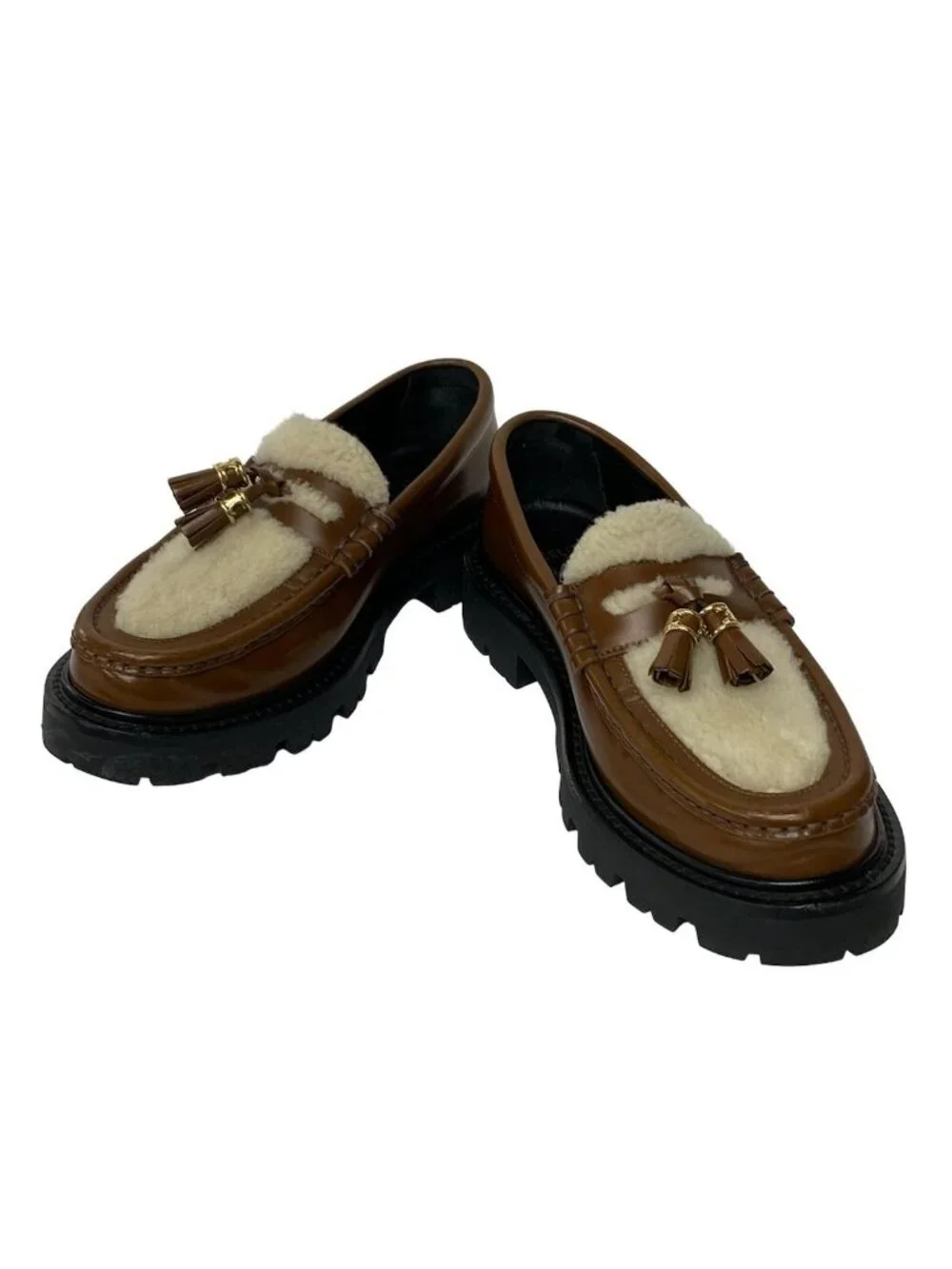 Celine Loafers 35 Margaret Brown White Tassel Triomphe Fleece Leather - Picture 2 of 9